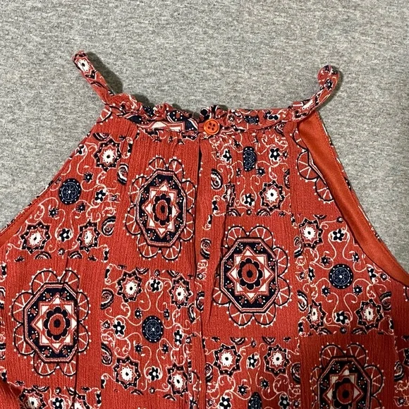 ☔️ Blue Rain Halter Dress~Juniors’ Sz 14~Red/Orange w/ Navy & White Boho Design - Picture 4 of 10